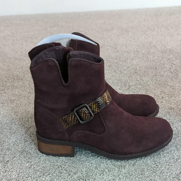 UGG Milnor Women's Dark Brown Suede Ankle Boots with Snakeskin Strap - Picture 5 of 12